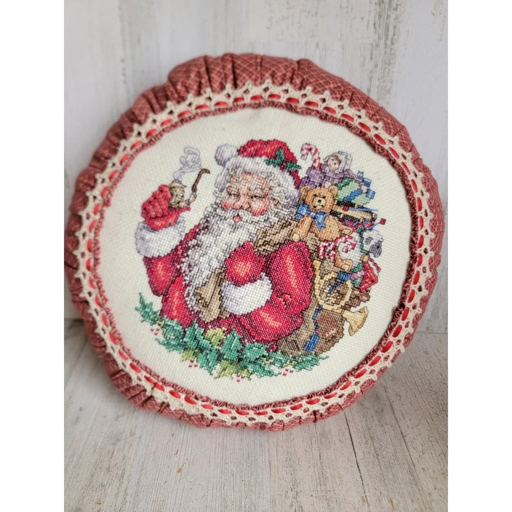 Vintage embroidery circle Santa Claus pillow Xmas red toy bag pattern country